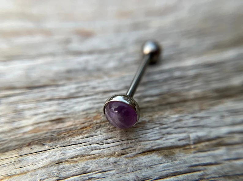 Purple Amethyst Stoned Tongue Ring Piercing