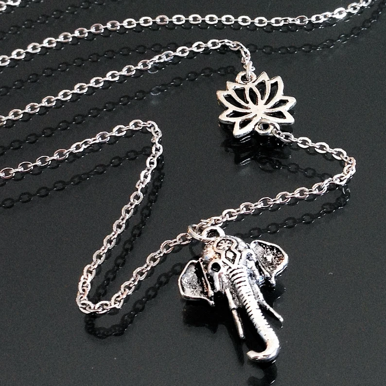 Silver Lotus Flower & Elephant Pendant Necklace