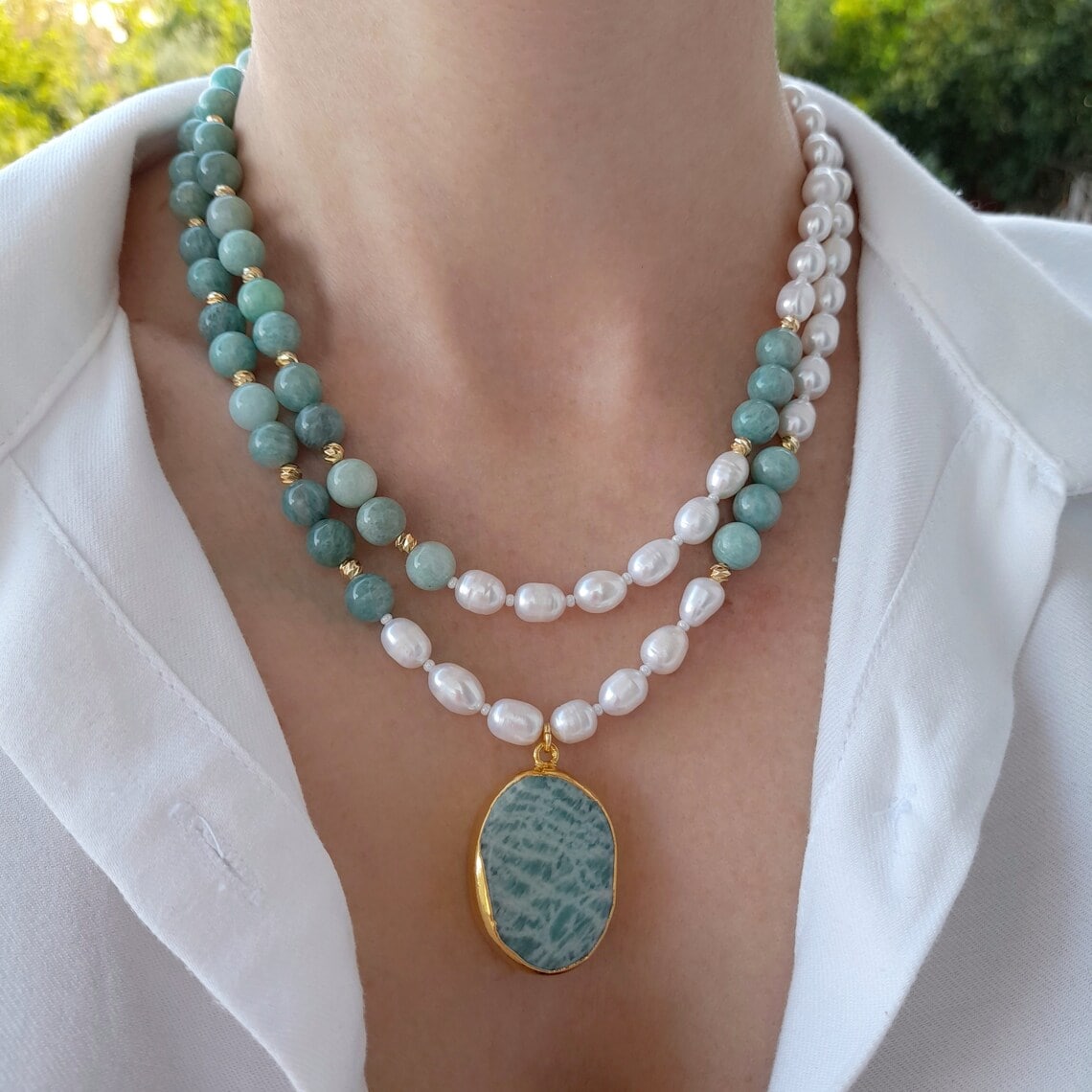 amazonite and pearl statement necklace