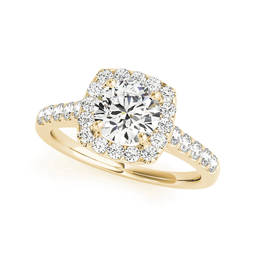 cushion halo diamond engagement ring in yellow gold setting