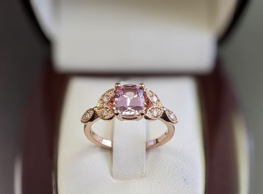 peach sapphire vintage style rose gold engagement ring