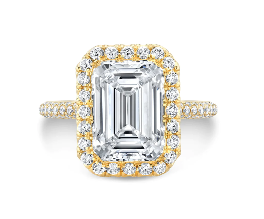 yellow gold emerald cut diamond halo engagement ring