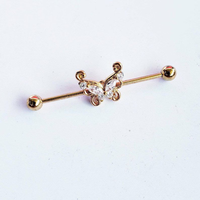 rose gold butterfly industrial bar, industrial barbells