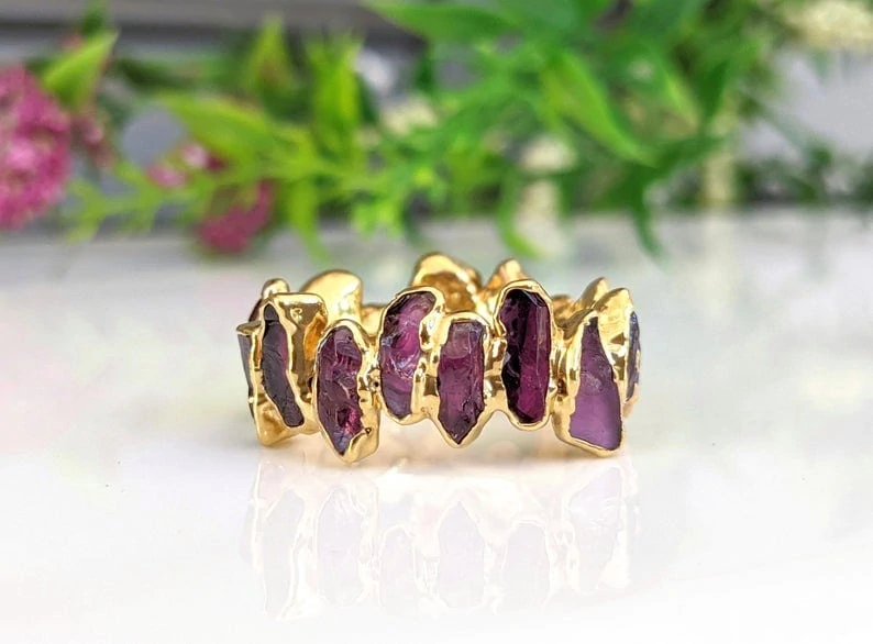 rough rhodolite eternity ring