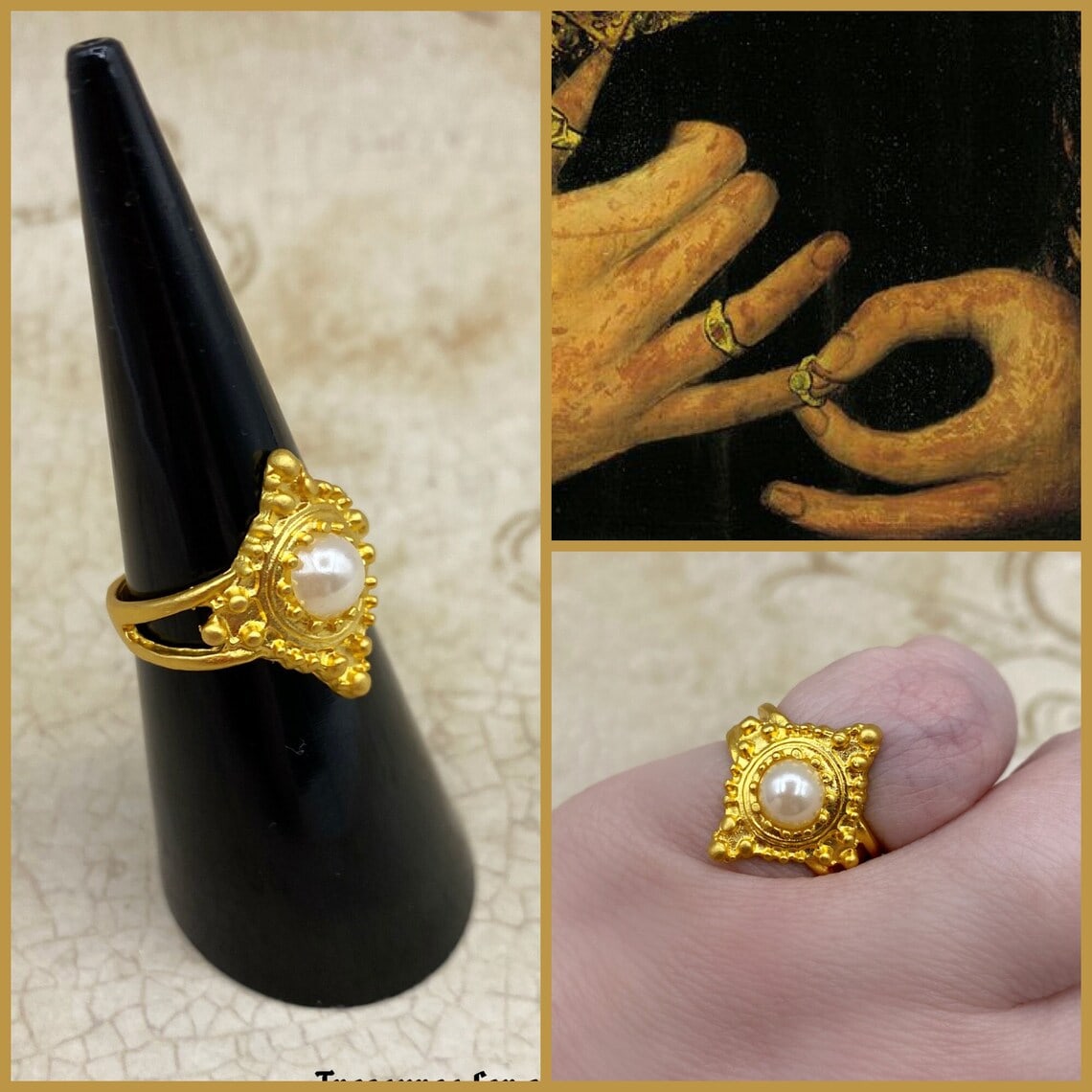 tudor replica gold ring with pearl
